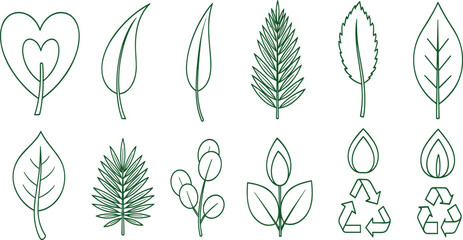 Fototapeta premium Green Leaf Line Icon Set with Botanical Outline, Heart Shape Plant, and Recycling Symbol for Eco Friendly Environment and Organic Nature Design.
