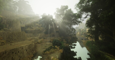 Naklejka premium Sunlit stone terraces beside winding river, misty morning light filters through canopy, ancient masonry draped in moss, quiet reflective water mirrors ruins,
