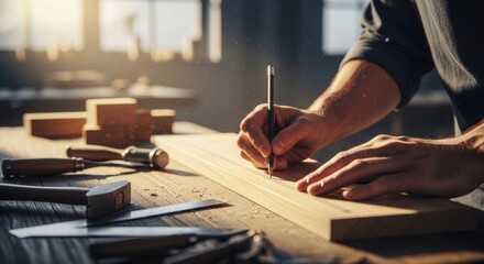 Obraz premium Woodworker Marking Measurements on Timber Plank with Pencil in Studio