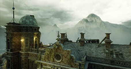 ornate fortress rooftop silhouetted against stormy twilight. spires and battlements rise from textured stone, mist drifts across parapets, cinematic energy © icetray