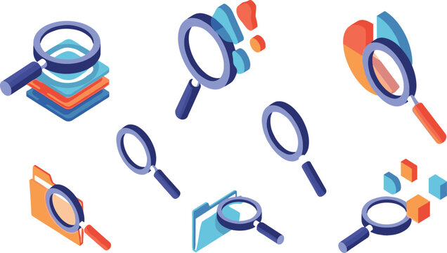 Isometric Search and Data Analysis Icons with Magnifying Glass, Document Scan, Folder Lookup, and Research Elements for SEO, Analytics, and Digital Technology Design.