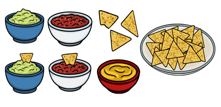 Set of Mexican dips and tortilla chips vector illustration