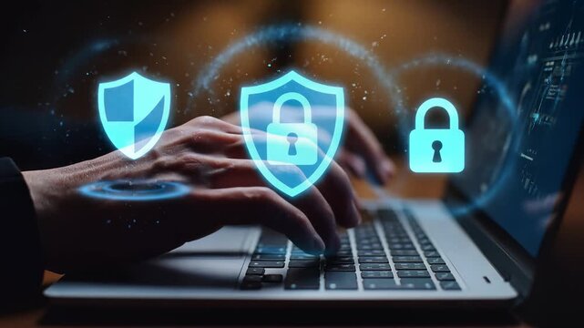 Digital cybersecurity concept with glowing shields and locks over a person's hands typing on a laptop keyboard, representing data protection and internet security.