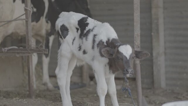 Adorable Jersey cow calf standing peacefully in a rural farm setting under natural warm sunlight. Captured in cinematic Slog3 4K 10-bit quality, ideal for dairy farming, agriculture