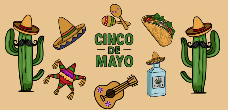 Festive Cinco de Mayo vector banner with cactus, sombrero, pinata, guitar, and tequila