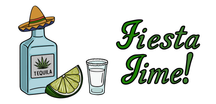 Festive Cinco de Mayo vector banner with tequila bottle, lime slice, shot glass, and "Fiesta Time!" text