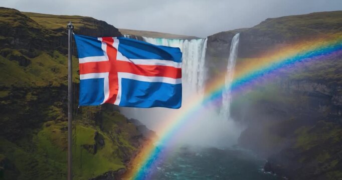 Iceland Flag Near Waterfall with Rainbow