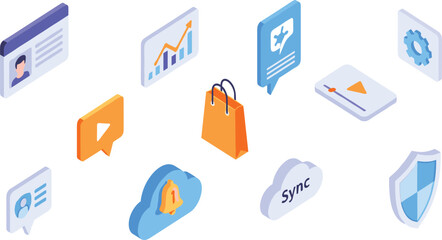 Fototapeta premium Isometric Mobile App UI Icons with User Profile, Cloud Sync, Notification Bell, Security Shield, Settings, and Online Shopping Elements for Digital Interface Design.