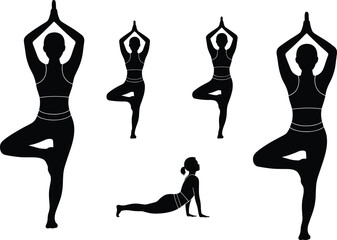 Fototapeta premium Yoga pose silhouettes, tree pose and upward dog, mindfulness fitness illustration, balance meditation concept, healthy lifestyle design
