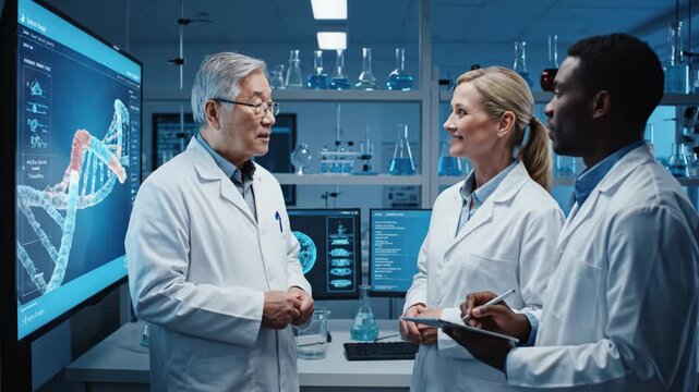 Multiethnic team of researchers collaborating in a futuristic science lab. Senior asian doctor mentoring a female and black male colleague on a complex dna sequencing project