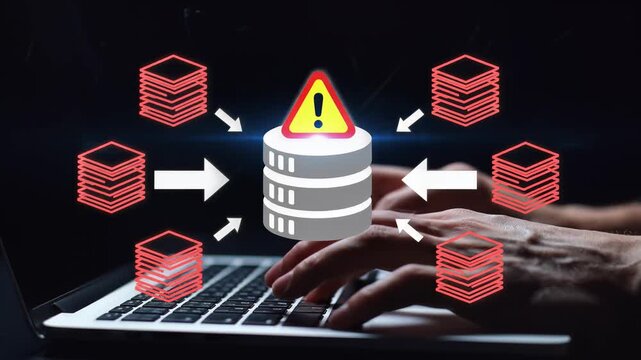 Database security breach with data flowing to and from a central server, illustrating cyberattack and information vulnerability.