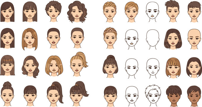 Female Avatar Face Set with Different Hairstyles, Skin Tones, and Front View Portrait Templates for Character Creation, Beauty Design, and Fashion Illustration.