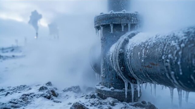 Industrial pipes, encased in a layer of ice, stand amidst billowing steam, highlighting the raw power and functionality of technology.