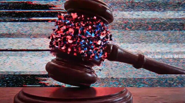 A wooden gavel is seen with an abstract structure superimposed over it, set against a background of static, representing the complex issues of the legal system.