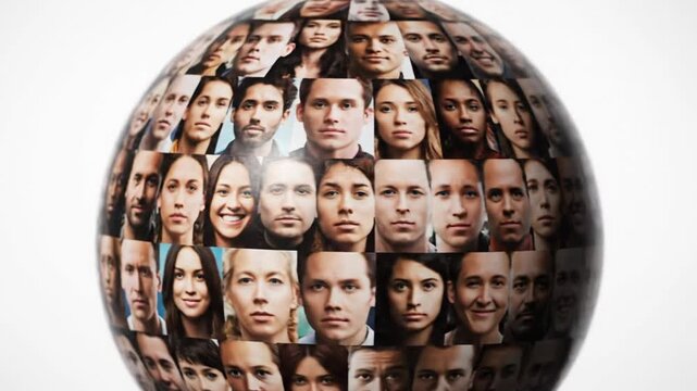 Diverse human faces forming a sphere on a white background