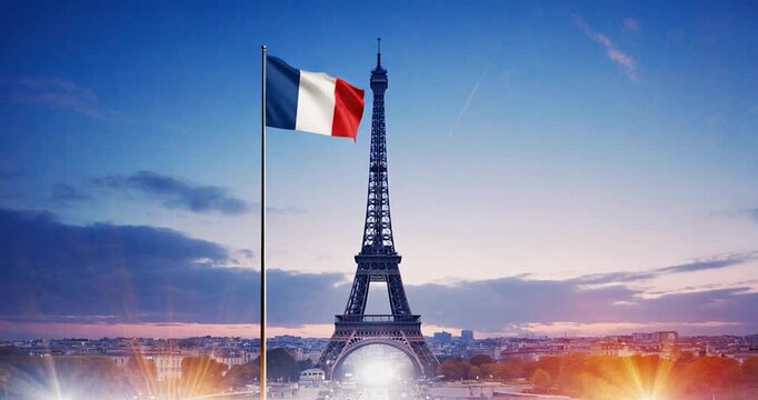 French Flag with Eiffel Tower in Paris