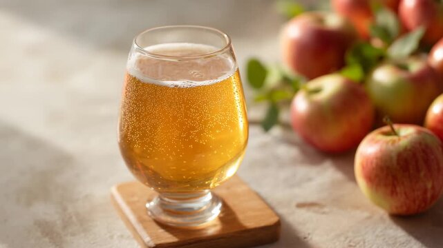 Glass of fresh apple juice with ripe red apples on a rustic table in sunlight