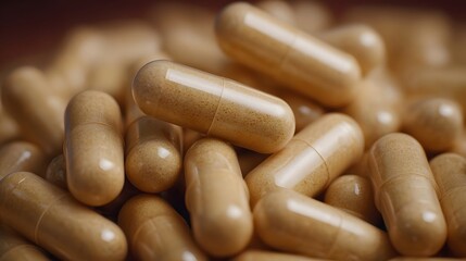 Close up of a pile of translucent yellow brown capsules likely supplements or medication with a shallow depth of field