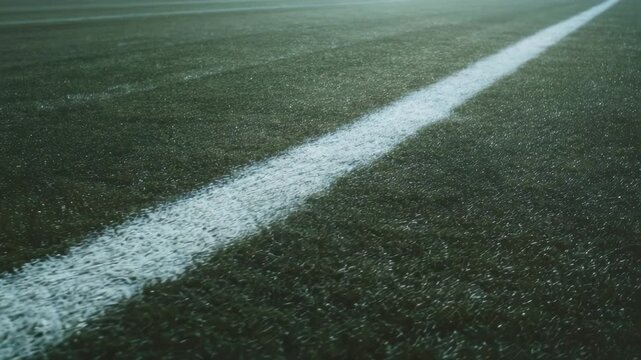 White boundary line on a wet green grass field in the morning mist