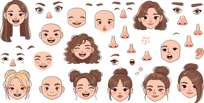 Female Avatar Creator Kit with Hairstyles, Facial Elements, Eyes, Noses, and Mouth Expressions for Character Customization, Beauty Design, and Cartoon Portrait Illustration.