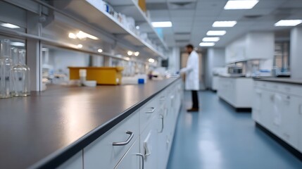 A modern sterile laboratory interior featuring clean countertops equipment and a scientist in a lab coat