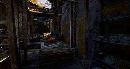 dusky market stall empty at dusk, dim corridors and stacked crates, subtle mood of closing hours, muted colors and deep shadows with hints of departing
