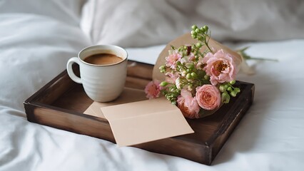 Breakfast tray with coffee, flowers, and blank card on bed. Mothering Sunday UK concept for greeting, gratitude, and cozy morning lifestyle.