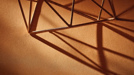 Minimal abstract shadow composition with geometric wireframe object on neutral surface. Modern design background with strong light and lines.