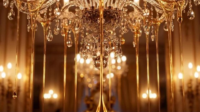Luxurious golden chandelier hanging in a palatial setting, crystals shimmer and light reflects a sense of elegance, grandeur and sophisticated lighting design.