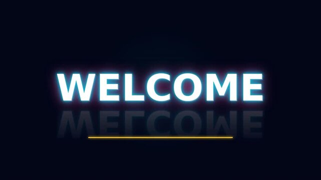 Neon blue 'WELCOME' text glows with a soft halo, mirrored on a dark background under glow. Soft glow