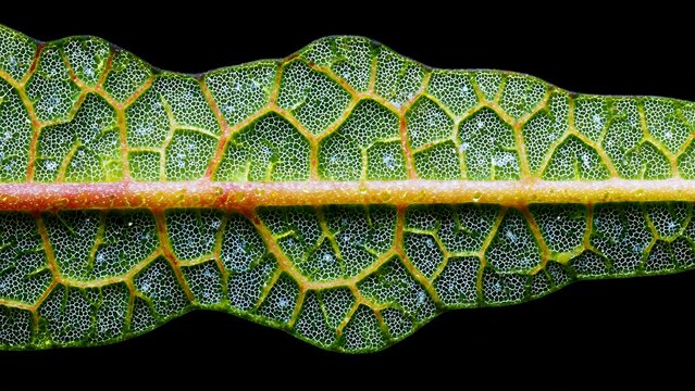 Citrus leaf macro showing veins and stomata pattern on black background. Botanical texture for ecology, gardening, and natural design.