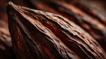Fototapeta premium Cacao pod skin macro with rugged ridges and earthy brown texture. Chocolate ingredient background for agriculture and food concepts.