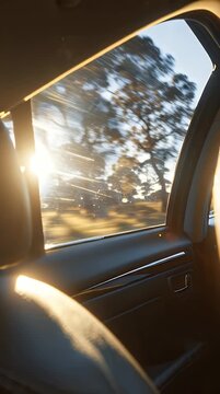 View from inside a car showing blurred trees and sunset through the window