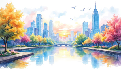 Obraz premium Watercolor painting of city skyline river.
