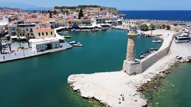 harbor and lighthouse of Rethymno old town, Crete, Greece, retro toned