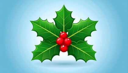 Digitally created vibrant green holly leaves with realistic details, adorned by ripe, glossy, red berries against a blue gradient backdrop