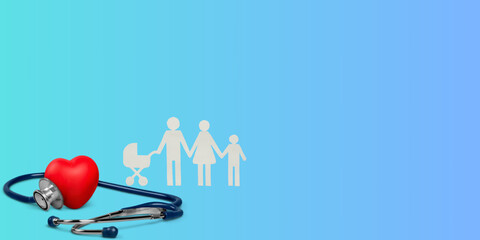 Family health insurance concept with heart and stethoscope.
