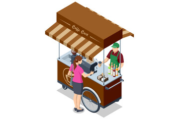 Coffee cart with customer. Isometric coffee cart with barista and customer. Street beverage stand with espresso machine and takeaway cup. © Golden Sikorka
