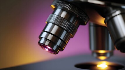 Detailed view of a scientific microscope s objective es set against a vibrant blurred background