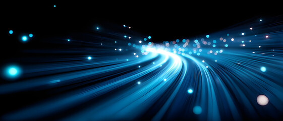 Abstract Blue Fiber Optic Light Trails with Glowing Bokeh Particles on Dark Background