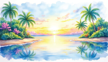 Obraz premium A serene tropical island at sunset.