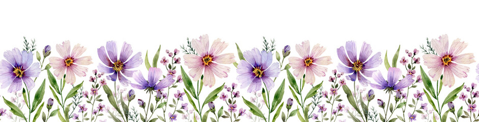 Seamless watercolor floral pattern with purple and pink cosmos flowers and green leaves. Botanical border for decor, hand-painted.