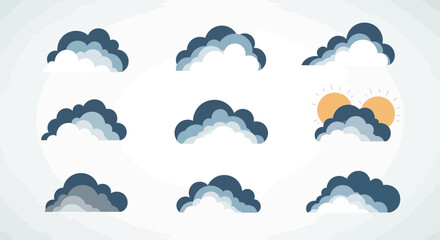 Set of stylized cartoon clouds and sun icons on a light background