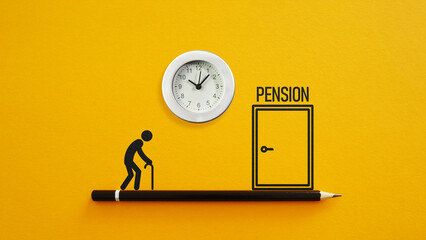 Pension and Retirement Concept with Elderly Person Walking with Cane Toward Door, Time Passing Clock, Financial Planning, Aging Society and Future Security Minimalism