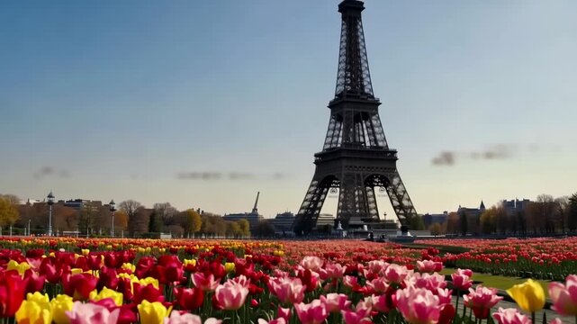 Eiffel tower ascends over a vibrant field of tulips a springtime scene in paris