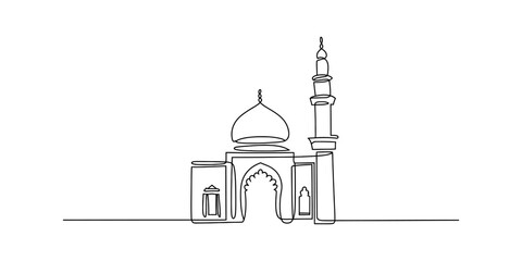 Continuous line drawing of a traditional mosque with a central dome and tall minaret Vector, illustration © Badhon_Designer