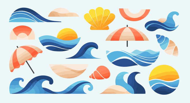Summer Beach Icons: Waves, Sun, Shells, and Parasols