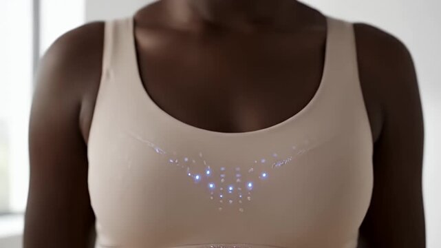 Close up of Woman in Beige Sports Bra with Subtle Blue Light Emitting Elements on Fabric Detailed Texture
