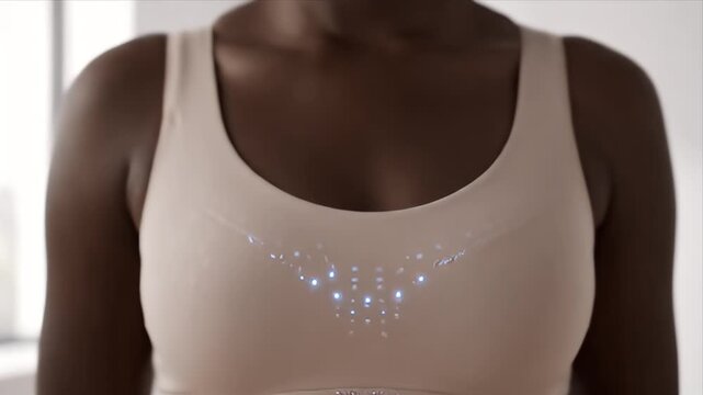 Close-up on a Black Woman's Torso Wearing a Beige Sports Bra with Subtle Glowing Blue Lights Showing Subtle Detail