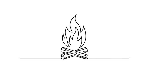 Minimalist one line illustration of a small campfire with wooden logs and flames Vector, illustration © Badhon_Designer